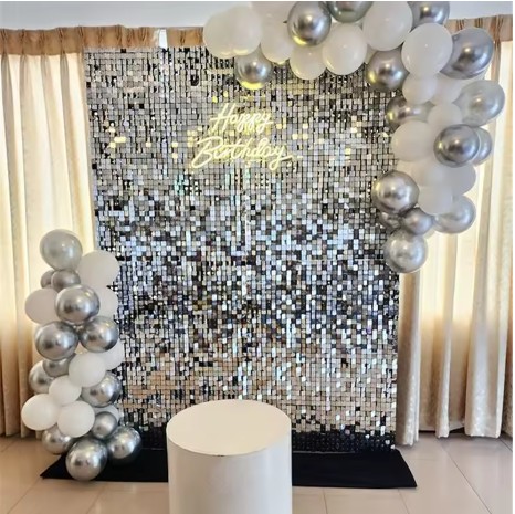 Silver Shimmery Wall with Balloon Garland